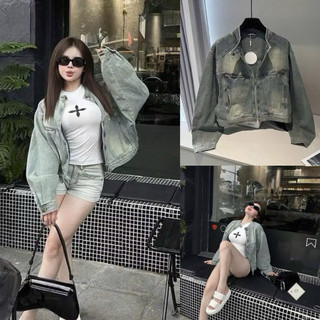  Áo khoác jean  cổ tàu kéo khoá . Áo khoác demin màu xanh hack dáng 