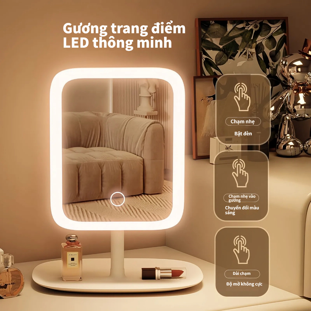 Gương Trang Điểm Để Bàn Make Up Có Đèn Led Xoay 180 Cảm Ứng 3 Chế Độ Ánh Sáng kèm dây sạc