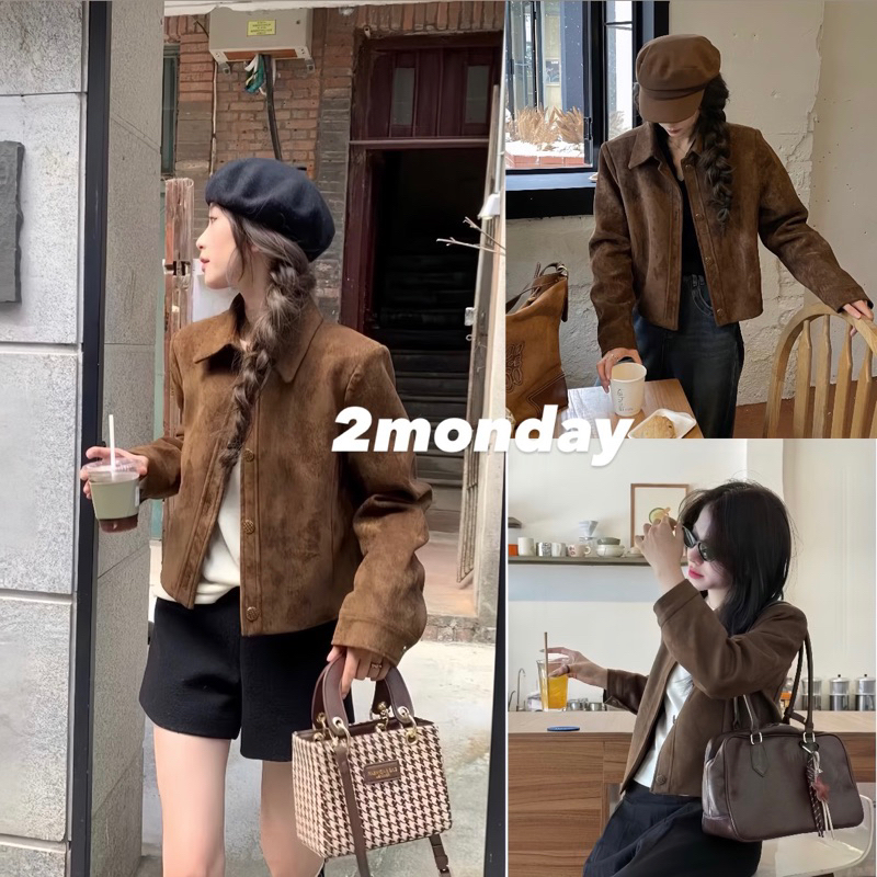 [HÀNG QC/ TẶNG KÈM MÓC] ÁO KHOÁC DA LỘN NÂU QC RETRO CÓ ĐỘN VAI DÁNG CROPTOP CÚC ĐỒNG SIÊU XINH 2MONDAY AK1 | BigBuy360 - bigbuy360.vn