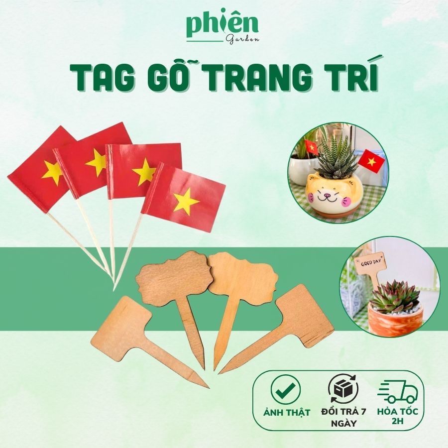 Tag Gỗ Trang Trí Cây Mini, bảng tên gỗ cắm cây, Tag Lá Cờ Đỏ Sao Vàng Trang Trí Chậu Cây