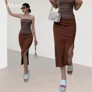 VITRAN BOUTIQUE Chân Váy Thun Borip Bozip Xẻ Sườn Co Dãn Giãn 4 Chiều Trơn Basic Cơ Bản Đơn Giản Nâu Tây Bodycon Ôm (XS)