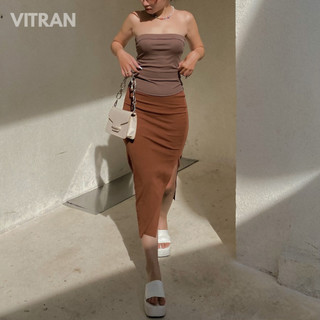 VITRAN BOUTIQUE Chân Váy Thun Borip Bozip Xẻ Sườn Co Dãn Giãn 4 Chiều Basic Trơn Cơ Bản Đơn Giản Minimal Nâu Tây Ôm (XS)