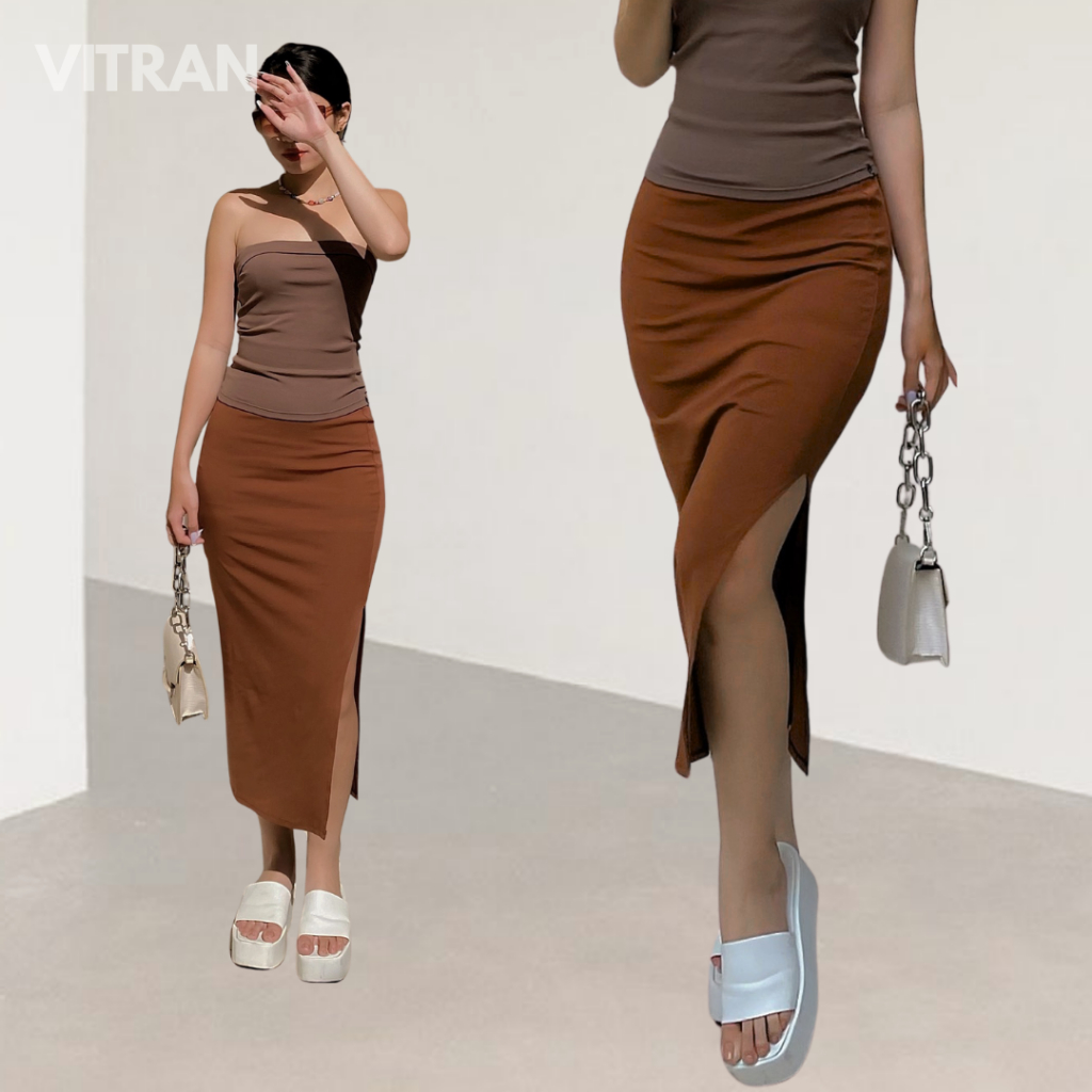 VITRAN BOUTIQUE Chân Váy Thun Borip Bozip Xẻ Sườn Co Dãn Giãn 4 Chiều Basic Trơn Cơ Bản Đơn Giản Minimal Nâu Tây Ôm (XS)