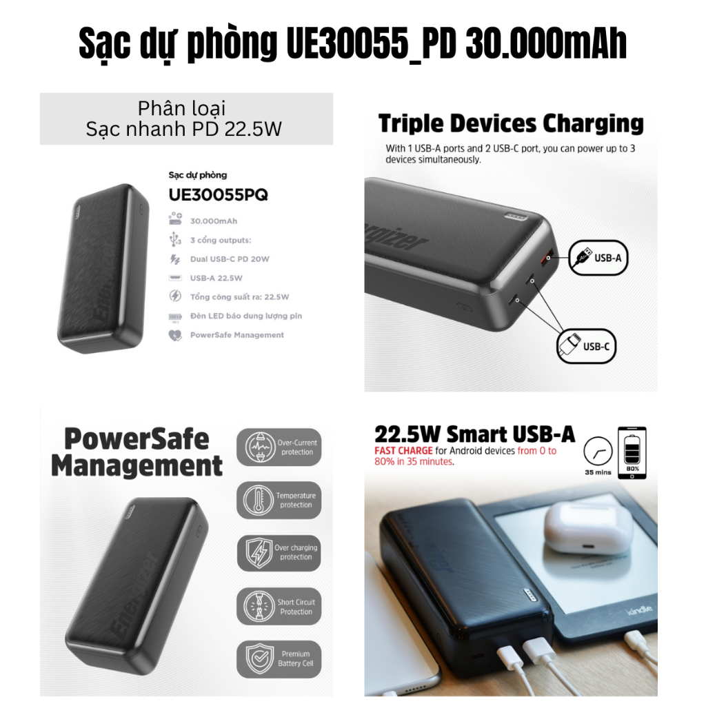 Pin Sạc Dự Phòng Cao Cấp Energizer 30000mAh/ Max 45W Sạc Nhanh PD, 7 Cổng Sạc Ra, Bảo Hành 1 Năm | BigBuy360 - bigbuy360.vn