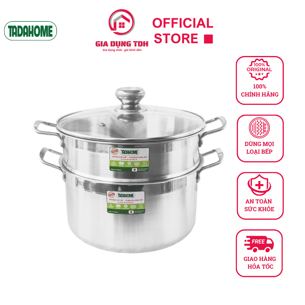 Bộ Nồi Xửng Hấp TADAHOME Dày 6 Dem Dùng Mọi Loại Bếp, Xửng Hấp Inox 2 Tầng Size Từ 20-32cm - TDH