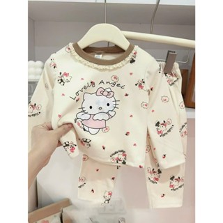 Bộ quần áo bé gái - sét bộ thu đông dài tay chất cotton hoạ tiết hình hello kitty cho bé gái 
