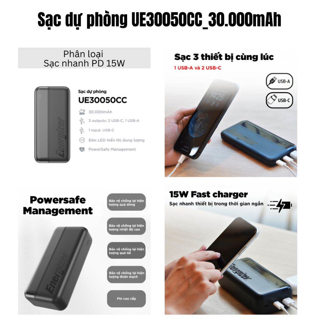 Pin Sạc Dự Phòng Cao Cấp Energizer 30000mAh/ Max 45W Sạc Nhanh PD, 7 Cổng Sạc Ra, Bảo Hành 1 Năm | BigBuy360 - bigbuy360.vn