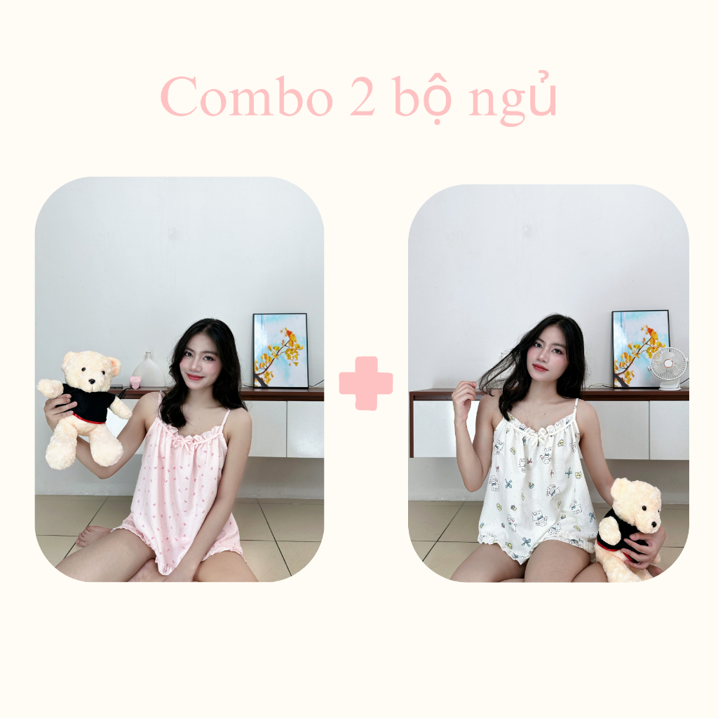 Combo 2 Bộ Đồ Ngủ 2 Dây Vải Đũi Hàn Thoải Mái Dễ Thương Áo Hai Dây Quần Cộc Juna Clothing B02