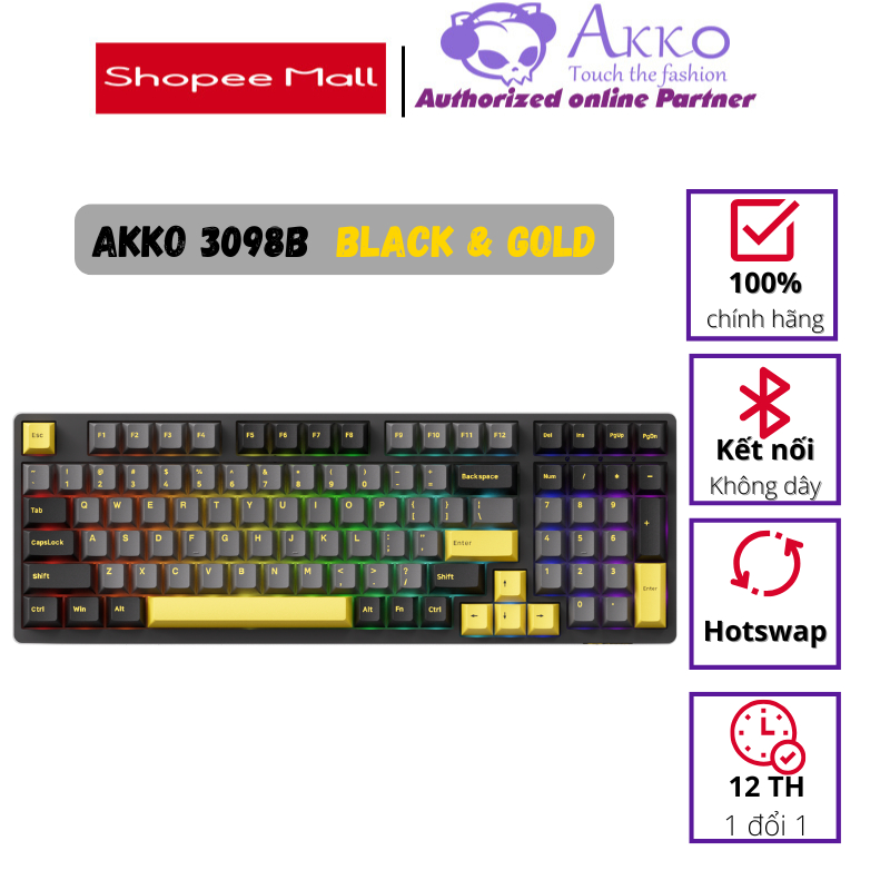 Bàn phím cơ AKKO 3098B Plus Black/Multi-modes Black Gold Fairy Silent (Bluetooth 5.0 / Wireless 2.4G