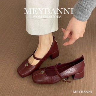 Giày Cao Gót MEYBANNI Mũi Vuông Quai Ngang Đính Khuy Hoa Hồng Vàng Đế Cao 4P - D573