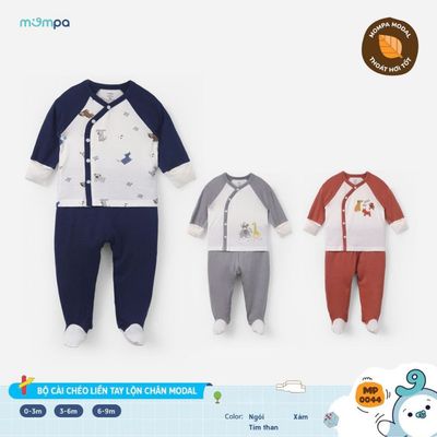 Đồ sơ sinh bé trai bé gái Mompa dài tay 0-9 tháng vải Modal thấm hút liền chân lộn tay cài chéo 0044