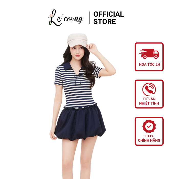 Váy Thiết Kế Dáng Bí Phồng LECOONG V808 Đầm Đẹp Kẻ Sọc Màu Xanh Sang Chảnh
