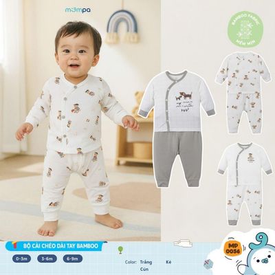 Đồ sơ sinh bé trai bé gái Mompa dài tay 0-9 tháng vải Sợi tre Bamboo thấm hút cài chéo 0056