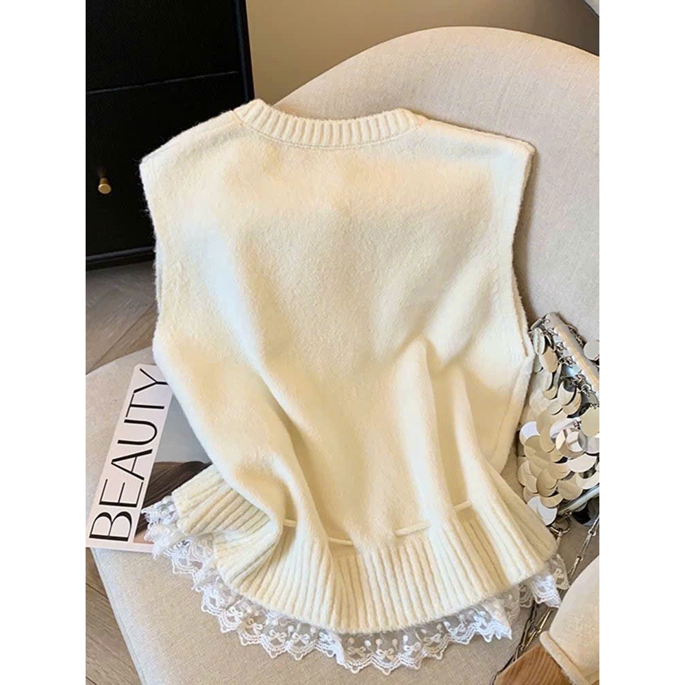 [SẴN] Áo Gile Nữ Cổ Tròn Cài Khuy Phối Ren Tiểu Thư, Áo Len Lông Thỏ Phong Cách Hàn Quốc - 003 | BigBuy360 - bigbuy360.vn