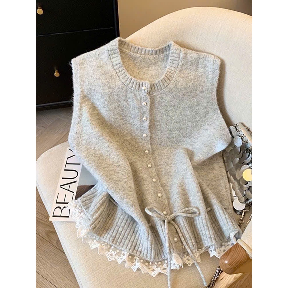 [SẴN] Áo Gile Nữ Cổ Tròn Cài Khuy Phối Ren Tiểu Thư, Áo Len Lông Thỏ Phong Cách Hàn Quốc - 003 | BigBuy360 - bigbuy360.vn