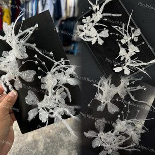 👰👰 Phụ kiện cưới Bích Dung - Bộ cài 2 nhánh 🦋🦋 Mica phối tua lông và pha lê dành cho cô dâu xinh