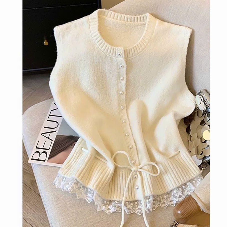 [SẴN] Áo Gile Nữ Cổ Tròn Cài Khuy Phối Ren Tiểu Thư, Áo Len Lông Thỏ Phong Cách Hàn Quốc - 003 | BigBuy360 - bigbuy360.vn
