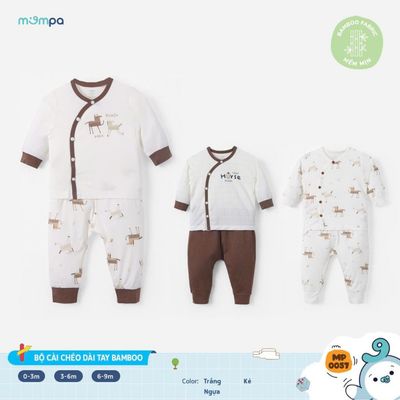 Đồ sơ sinh bé trai bé gái Mompa dài tay 0-9 tháng vải Modal thấm hút cài chéo 0057