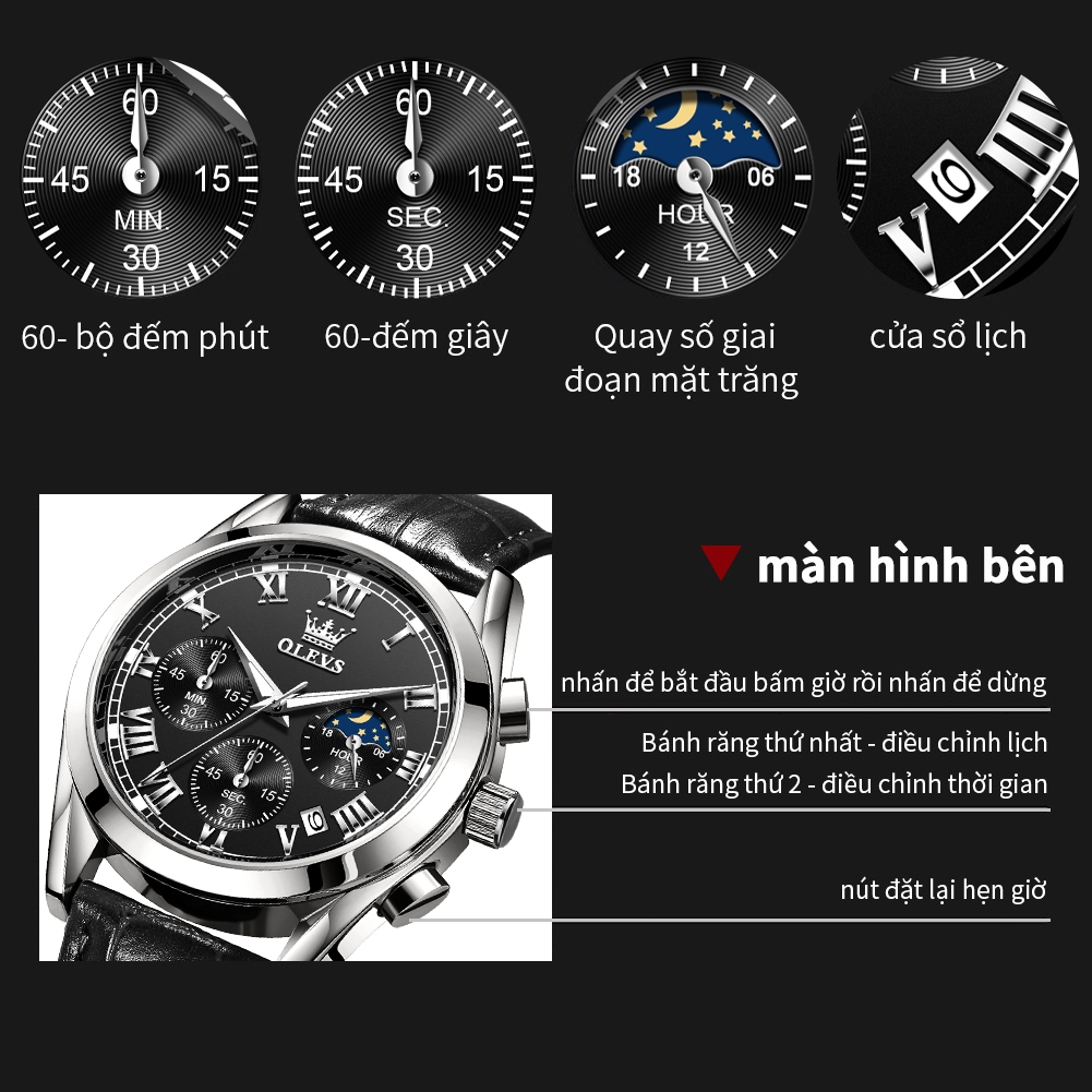 OLEVS Đồng hồ nam Chống nước Chính hãng Đa chức năng Bấm giờ Pha mặt trăng Dây da Thạch anh 2871 | BigBuy360 - bigbuy360.vn