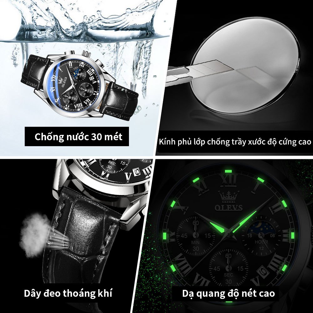 OLEVS Đồng hồ nam Chống nước Chính hãng Đa chức năng Bấm giờ Pha mặt trăng Dây da Thạch anh 2871 | BigBuy360 - bigbuy360.vn