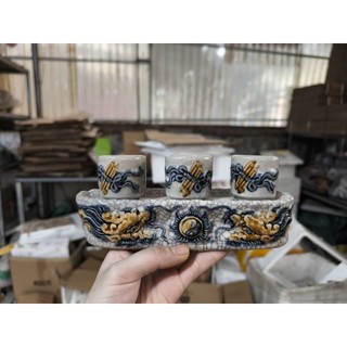 Bộ chén Kỉ đựng nước men rạn đắp nổi
