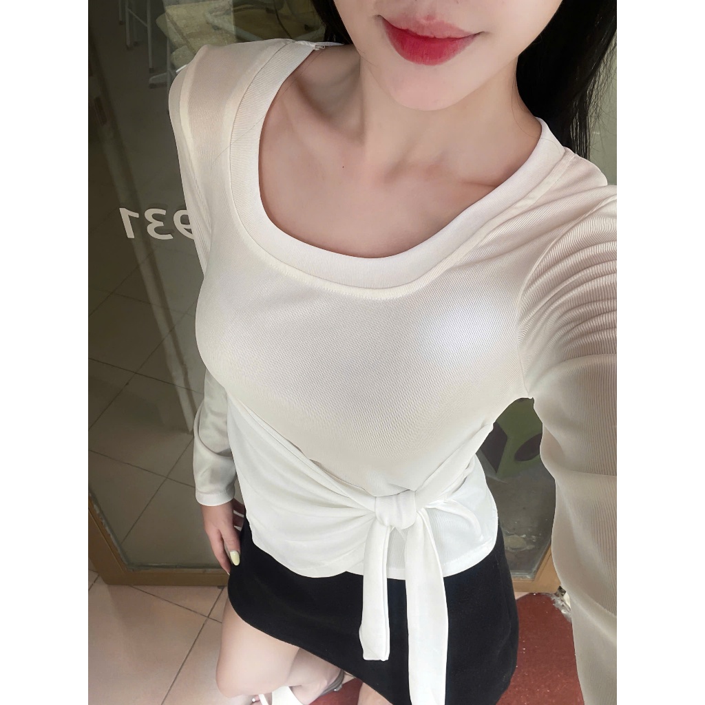 Áo Thun Nữ Cổ Vuông Dài Tay Giữ Nhiệt Phối Vạt Chéo Buộc Nơ Phối Dây Buộc Thắt Eo,Chất Liệu Tăm Hàn | BigBuy360 - bigbuy360.vn