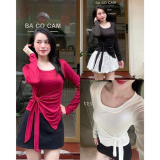  Áo Thun Nữ Cổ Vuông Dài Tay Giữ Nhiệt Phối Vạt Chéo Buộc Nơ Phối Dây Buộc Thắt Eo,Chất Liệu Tăm Hàn 