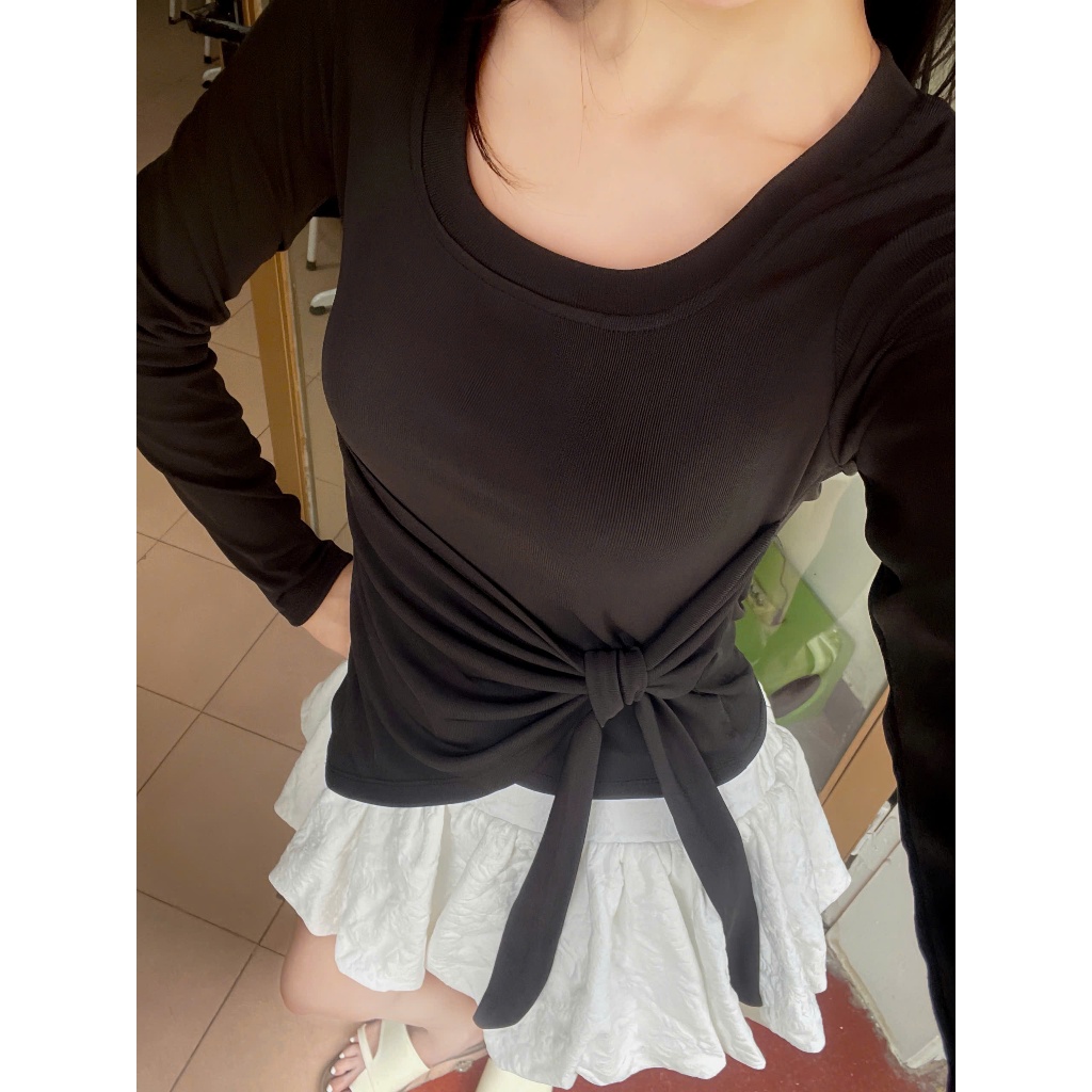 Áo Thun Nữ Cổ Vuông Dài Tay Giữ Nhiệt Phối Vạt Chéo Buộc Nơ Phối Dây Buộc Thắt Eo,Chất Liệu Tăm Hàn | BigBuy360 - bigbuy360.vn