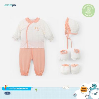 Đồ sơ sinh bé trai bé gái Mompa dài tay kèm bao tay chân mũ 0-3 tháng vải Sợi tre Bamboo 0071 0072