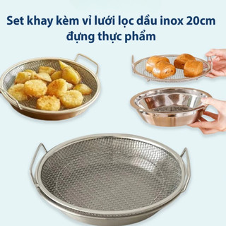  Set Khay Kèm Đĩa Vỉ Lưới Lọc Dầu 20-CM INOX 304 Đựng Ráo Dầu Thức Ăn Chiên Rán Lọc Dầu 20CM 