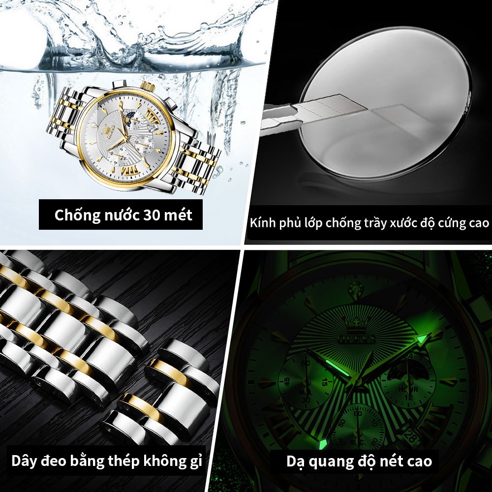 OLEVS Đồng hồ nam chống nước chính hãng thạch anh mạ vàng chức năng mặt trăng lịch công sở 2892 | BigBuy360 - bigbuy360.vn