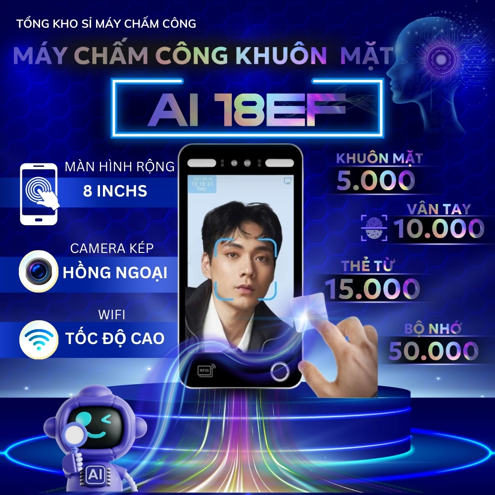 AI-18EF máy chấm công khuôn mặt công nghệ AI 2025  / báo giờ qua app điện thoại ( dùng phần mềm chấm