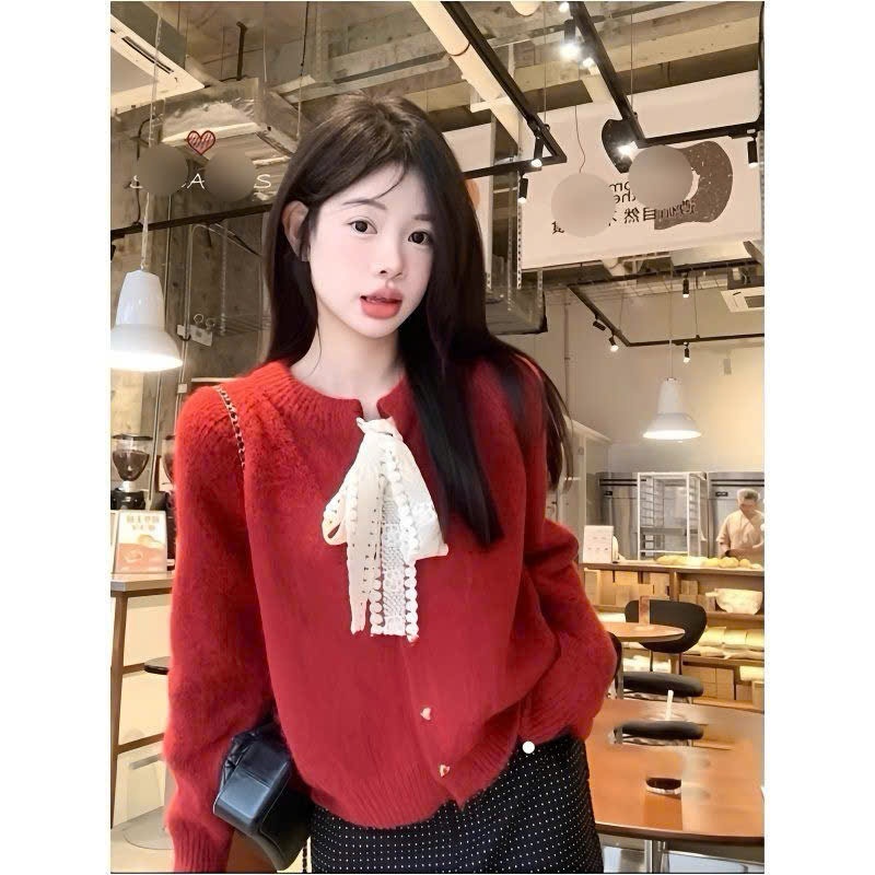 [SẴN] Áo khoác len nữ phối nơ, Áo Cardigan dài tay phong cách tiểu thư điệu đà sang chảnh có 2 màu Đỏ và Be - 188 | BigBuy360 - bigbuy360.vn