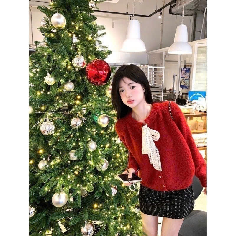 [SẴN] Áo khoác len nữ phối nơ, Áo Cardigan dài tay phong cách tiểu thư điệu đà sang chảnh có 2 màu Đỏ và Be - 188 | BigBuy360 - bigbuy360.vn