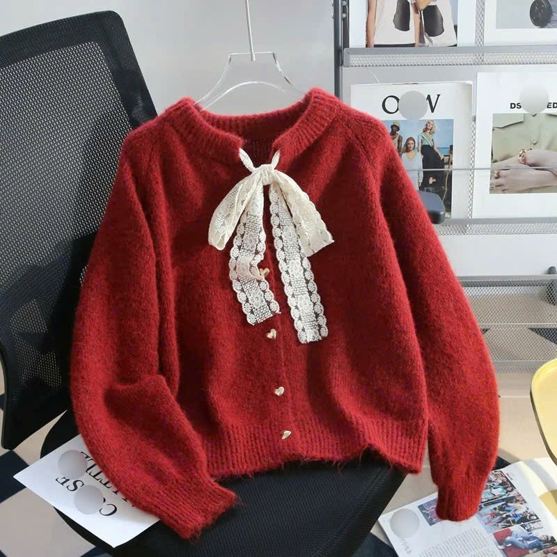 [SẴN] Áo khoác len nữ phối nơ, Áo Cardigan dài tay phong cách tiểu thư điệu đà sang chảnh có 2 màu Đỏ và Be - 188 | BigBuy360 - bigbuy360.vn