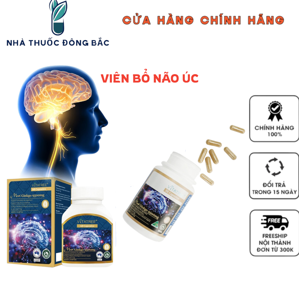 (Nhập khẩu Úc đủ tem phụ) - Viên uống bổ não Vitatree Ginkgo 9500mg Max