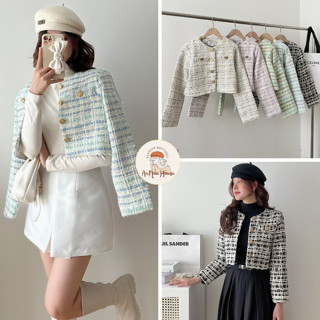 Áo Khoác Dạ Tweed Cardigan Nữ Croptop Kẻ Caro Cổ Tròn Dáng Ngắn, Áo Dạ Tweet Dày Dặn Khoác Ngoài Dáng Ngắn Croptop