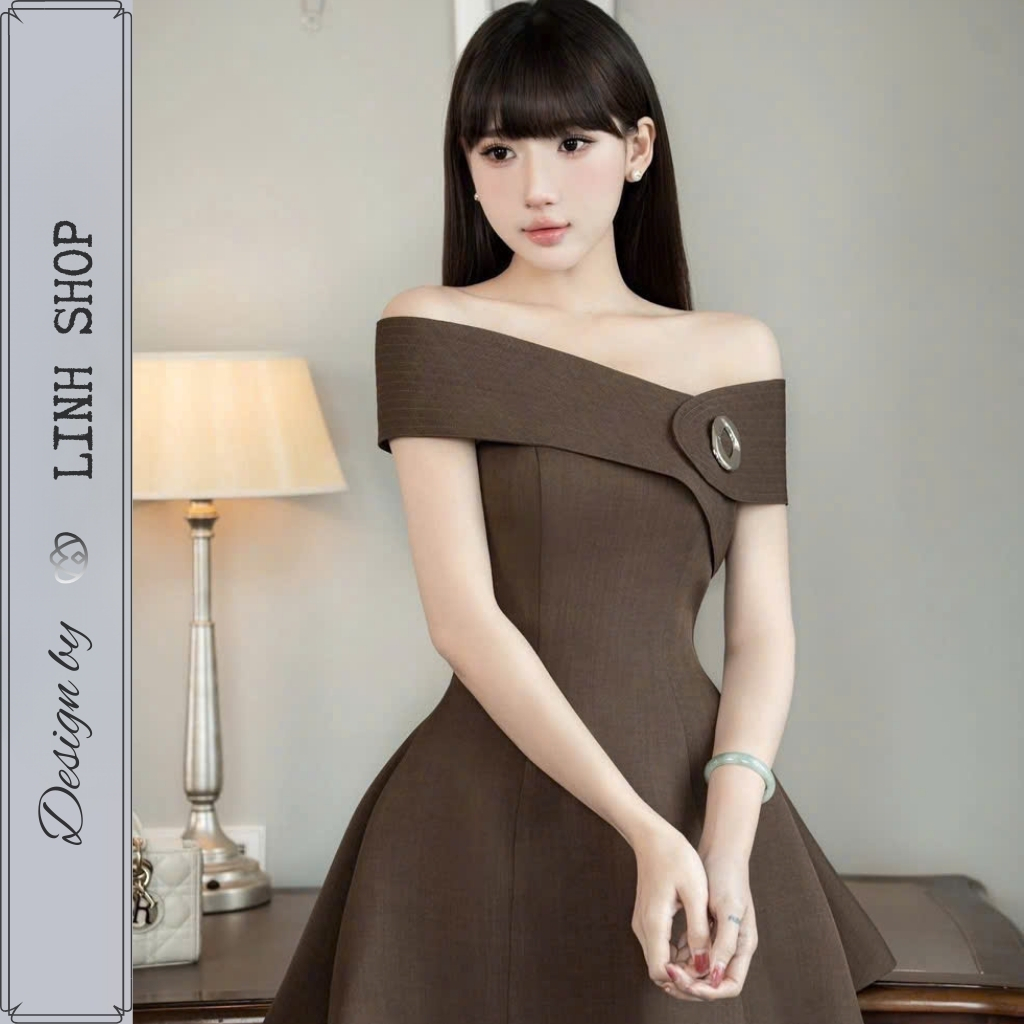Đầm Dự Tiệc Trễ Vai Dáng Xòe Kèm Nơ Cài - Váy Xòe Cúp Ngực Sang Chảnh Tôn Dáng