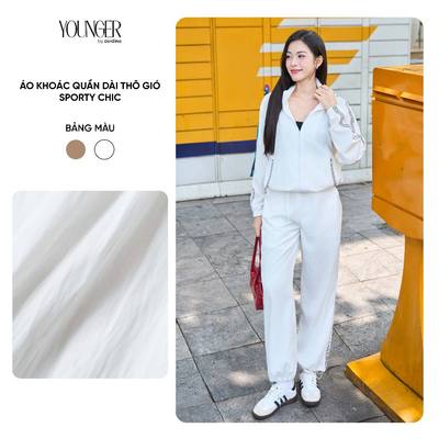 Bộ đồ thô gió nữ YOUNGER BY CARDINA  tách sét áo dài tay và quần suông phối viền thể thao 5YGNF08 5YQDT12