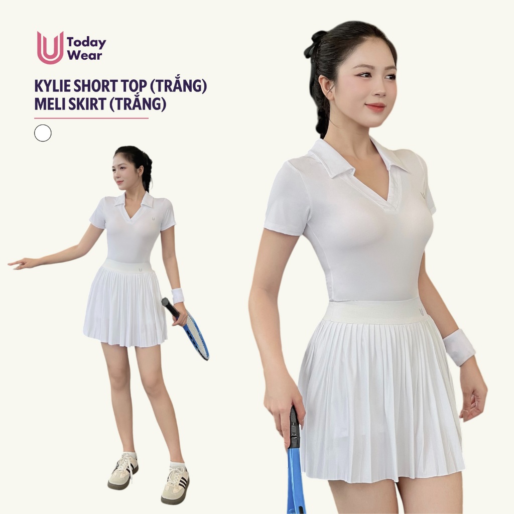 Set bộ đồ thể thao nữ áo Kylie Short mix chân váy Meli Skirt trắng Today U Wear có lót chơi tennis pickleball cầu lông
