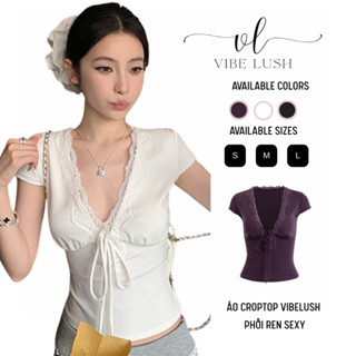 Áo Croptop Nữ VIBELUSH Cổ V Phối Ren Tay Ngắn Gợi Cảm Thời Trang Y2K