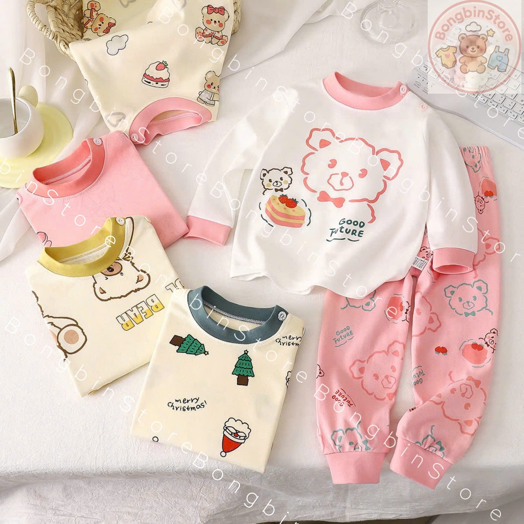 Bộ quần áo dài tay cho bé cotton 100% BongBinStore – Mẫu mới thu đông cho bé trai bé gái, đồ ngủ mặc ở nhà