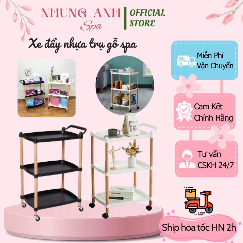 Xe đẩy Spa đa năng khung gỗ chắc chắn | Xe đẩy gỗ spa mặt nhựa ABS | Kệ spa 3 tầng nhựa ABS