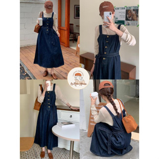 Yếm Váy Jean Nữ 2 dây bản to Suông Rộng Dáng Dài , Váy Yếm Bò Demin Dài Kèm Đai Thắt Eo Thời Trang Hàn Quốc AnnaHouse