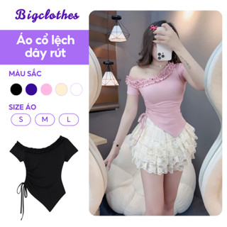 Áo Thun Nữ Lệch Vai BigClothes, Áo Trễ Vai Cổ Bèo Vạt Chéo Dây Rút Thời Trang B08