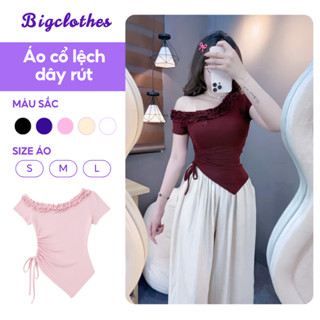 Áo Thun Nữ Lệch Vai BigClothes, Áo Trễ Vai Cổ Bèo Vạt Chéo Dây Rút Thời Trang B08