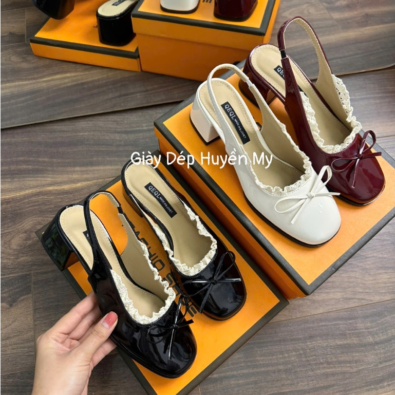 Giày cao gót đế vuông 5P phối nơ và viền ren hàng cao cấp full hộp ( LT34 )