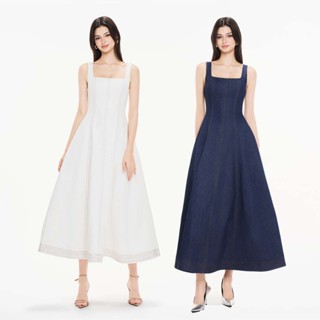 RECHIC Đầm jean dài Jeanni hai dây dáng xòe cổ vuông chiết eo cá tính