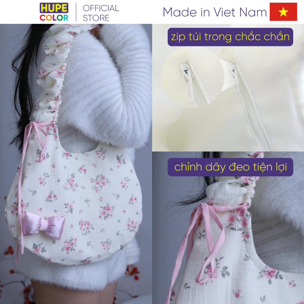 Túi Tote Vải Muslin Nữ Họa Tiết Hoa Nhí Vintage – Quai Nhún Siêu Dễ Thương