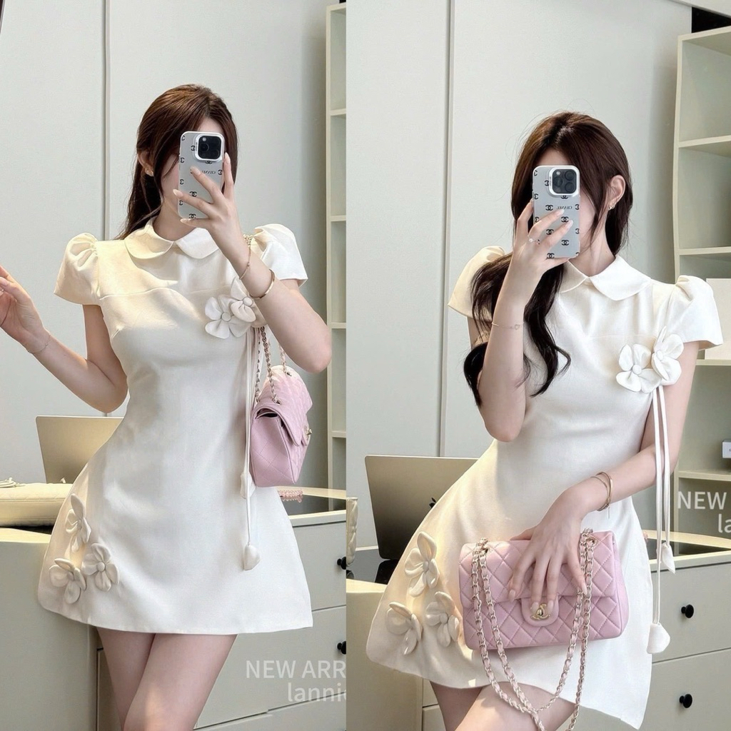 [V1.1050] Váy Thiết Kế Cổ Sen Đính Hoa Dáng Chữ A Hàng 2 Lớp Sang Chảnh